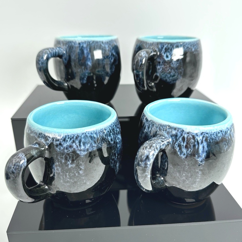 Vtg Dryden Pottery Cups Thumbprint Mugs Stoneware Blue Black Drip Glaze Set of 4